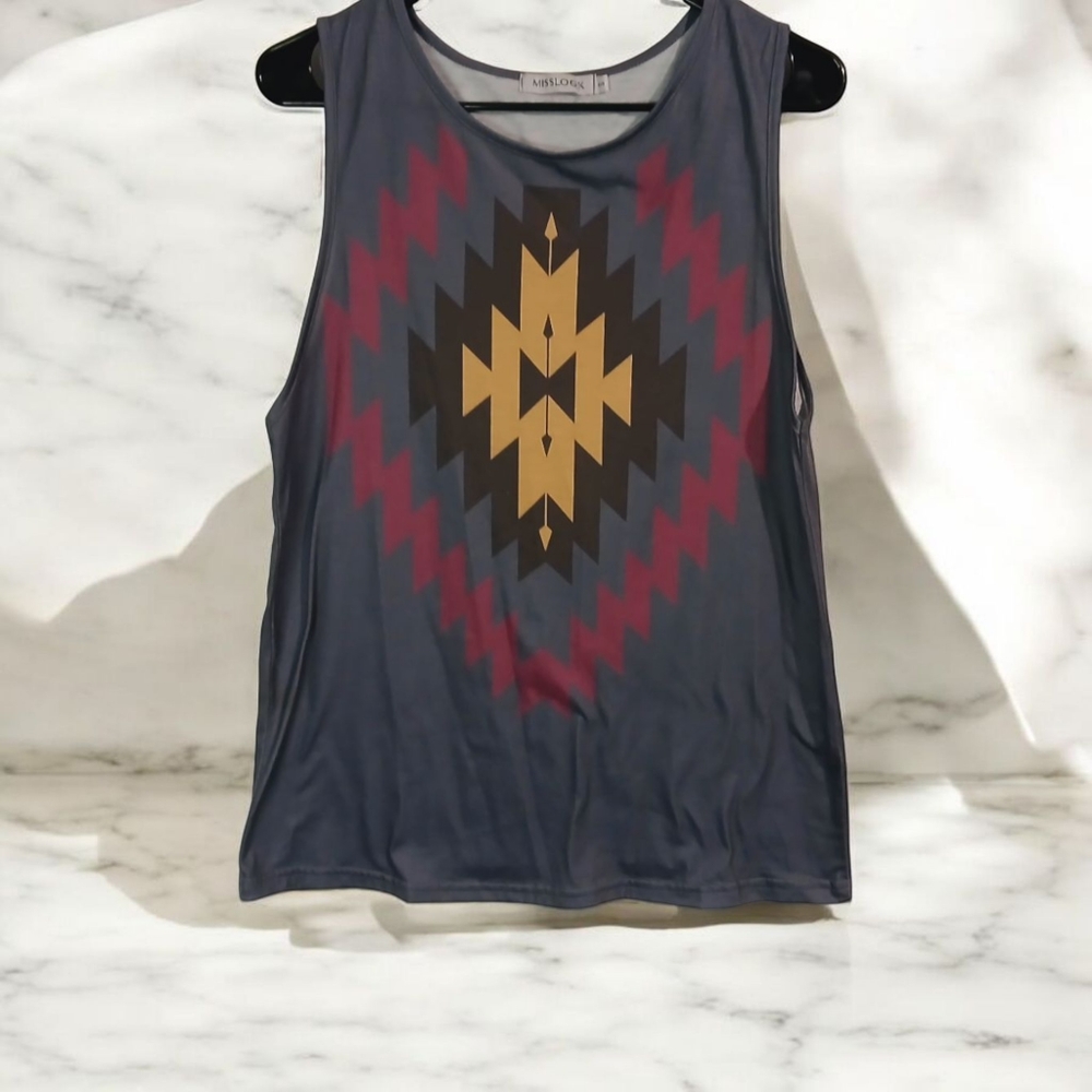 Women Tank Top Round Neck Grey Aztec Size S